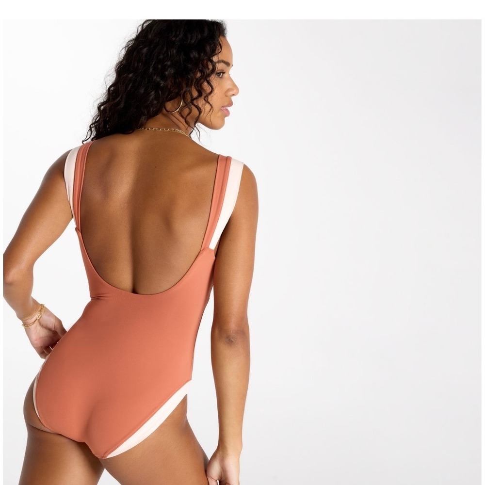 Calla Swim Collection One Piece Rust Orange Ribbed Sz 12 Neck Ruched Swimsuit - Picture 2 of 9